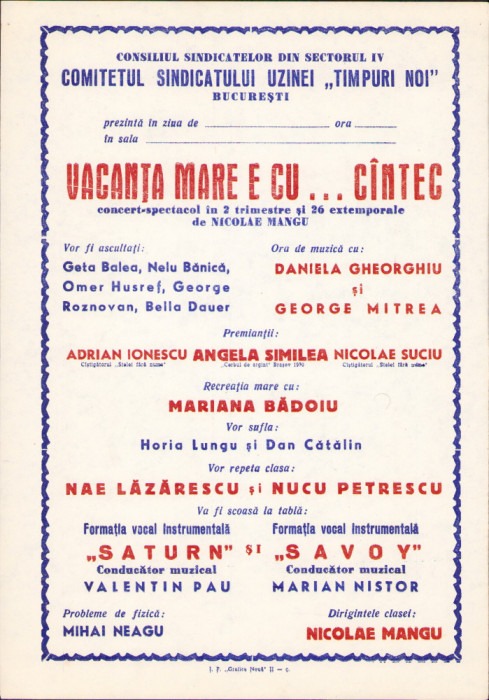 HST A457 Afiș concert Angela Similea Nae Lăzărescu Savoy Rom&acirc;nia comunistă