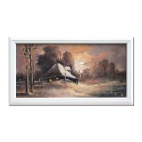 Tablou apus de soare cu casa taraneasca pictat manual inramat, 45x25cm ulei pe panza, rama din lemn, Geo Ungureanu