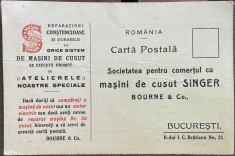 CP Carte Postala Singer masina de cusut, perioada interbelica, reclama, Bucuresti, Bd. I C Bratiana Nr 21. Bourne &amp;Co, industrie casnica