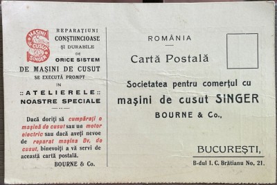 CP Carte Postala Singer masina de cusut, perioada interbelica, reclama, Bucuresti, Bd. I C Bratiana Nr 21. Bourne &amp;amp;Co, industrie casnica foto