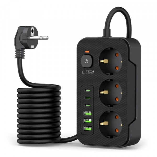 Prelungitor Tech-Protect PC3X6, 15.5W, 3.1A, 3 x USB-A - 3 x USB-C - 3 x Schuko, Negru