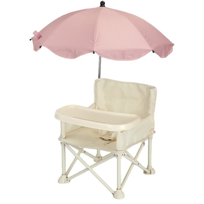 Scaun de mas&Auml; portabil pentru bebelusi 6 luni+, tav&Auml; &Egrave;i hus&Auml; detasabile, pliabil, cu umbrel&Auml; roz, bej, centur&Auml; siguran&Egrave;&Auml;, 30kg