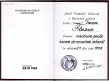 AMS @ - PREMIUL - MENȚIUNE PENTRU SCRIITORUL IOAN P&Icirc;NZAR FUNDAȚIA CULTURALĂ A BUCOVINEI, 1995