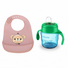 Set de hranire cu 2 piese, Canuta Philips Avent cu tetina de formare, 6 luni+, 200 ml, Verde si baveta moale, Din silicon, BPA Free, Cu buzunar, FreeO