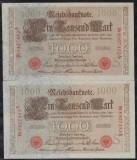GERMANIA 2 X 1000 / 1.000 MARCI / MARK 1910 - Serii Consecutive [5] P - 44b ,Serie Rosie , Sufix A , 7 cifre Litera S , a UNC / UNC necirculate