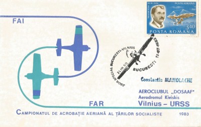 Rom&amp;acirc;nia, Campionatul de acrobaţie aeriană al ţărilor soc., plic, Bucureşti, 1983 foto