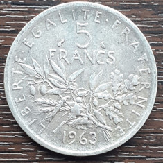 (A581) MONEDA DIN ARGINT FRANTA - 5 FRANCS 1963, SEMANATOAREA, 12 GRAME, AG 835