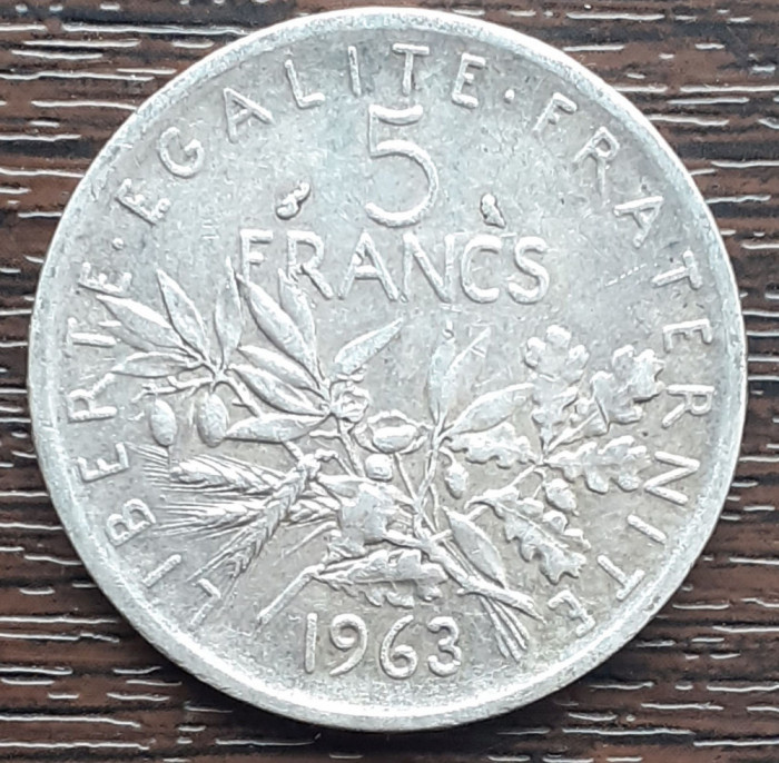 (A581) MONEDA DIN ARGINT FRANTA - 5 FRANCS 1963, SEMANATOAREA, 12 GRAME, AG 835