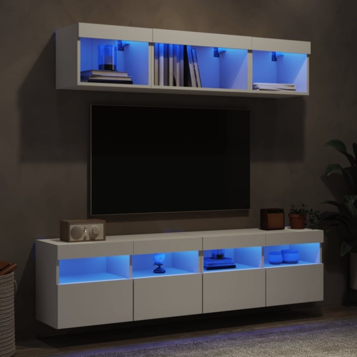 Unități de perete TV cu LED-uri, 5 piese, alb, lemn prelucrat