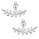 Cercei argint 925 - ramură lucioasă cu frunze, perlă rotundă de culoare albă