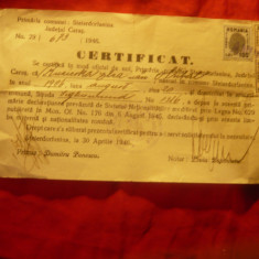 Certificat nationalitate emis Primaria comunei Steierdorfanina judet Caras 1946