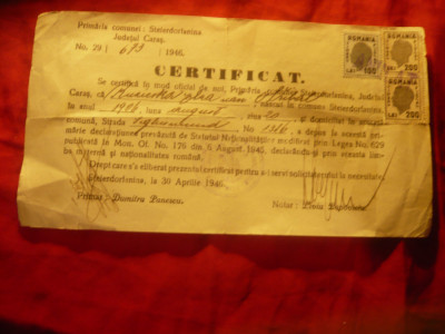 Certificat nationalitate emis Primaria comunei Steierdorfanina judet Caras 1946 foto