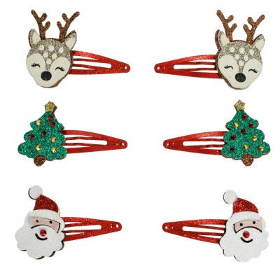 Set Clame Păr Crăciun, Model Reindeer, Moș Crăciun și Brad, Roșu, 6 Bucăți foto