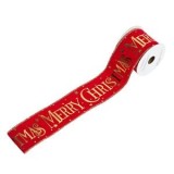 Panglică catifelată pentru brad de Crăciun, roșie cu auriu, Merry Christmas, 5m x 63mm, CMCLASS