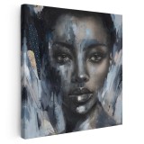 Tablou canvas portret carbune, acrilic, femeie, albastru 1325 Tablou canvas pe panza CU RAMA 80x80 cm