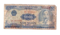 Bancnota Vietnam 5000 dong 1991, circulata, extrem de uzata