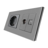 Priza Schuko + TV + Internet Luxion, rama din sticla, gri