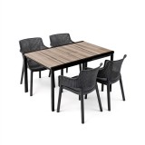 Set mobilier gradina Romen 4+1 Curver, 4 scaune plastic Eva grafit, masa plastic Porto 160 frasin aspect lemn
