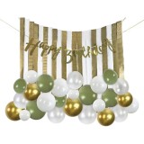 Set 50 Baloane Petrecere Alb Auriu Verde + Banner Happy Birthday, Decoratiuni Aniversare, Baloane Latex 15-30cm, Kit Aranjare Baloane