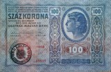 Bancnota 100 COROANE 1912 - Austro-Ungaria , aplicat TIMBRU SPECIAL pe partea maghiară, scrie in rom&acirc;nă UNA SUTA COROANE