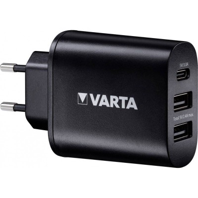 Incarcator Retea USB Varta, 1 X USB Tip-C - 2 X USB, Negru foto