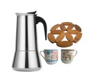 Espressor Cafea Aragaz Inox Cyrax, 2 Cani+Suport Lemn, 600ml - Moka Pot Otel Inoxidabil Plita Inductie