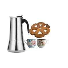 Espressor de cafea pentru aragaz cu 2 cani si suport lemn, inox, 600ml