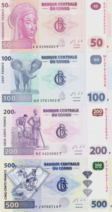 Bancnota Congo 50, 100, 200 si 500 Franci 2013 - P97b-100b UNC ( set x4 )