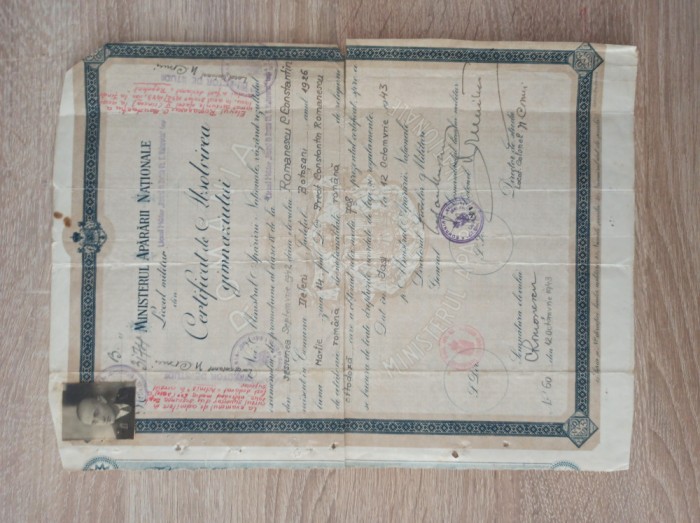 DIPLOMA ABSOLVIRE GIMNAZIU LICEULUI MILITAR , BOTOSANI 1942