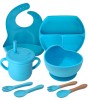 Set 8 piese hranire si diversificare bebelusi HAWIRE, silicon, 1 baveta, 1 farfurie compartimentata, 1 bol cu ventuza, 2 lingurite si 2 furculite, 1 c