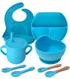 Set 8 piese hranire si diversificare bebelusi HAWIRE, silicon, 1 baveta, 1 farfurie compartimentata, 1 bol cu ventuza, 2 lingurite si 2 furculite, 1 c