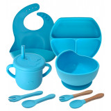 Set 8 piese hranire si diversificare bebelusi HAWIRE, silicon, 1 baveta, 1 farfurie compartimentata, 1 bol cu ventuza, 2 lingurite si 2 furculite, 1 c