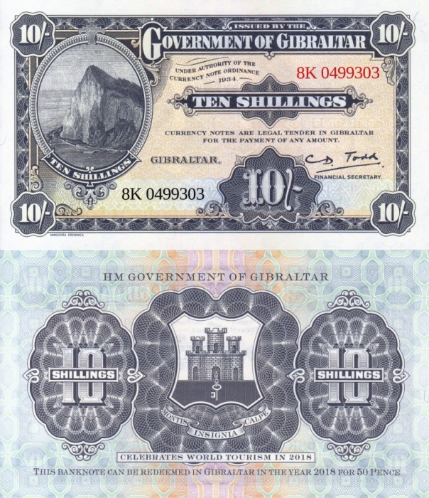 GIBRALTAR 10 shillings 2018 COMEMORATIVA UNC!!!