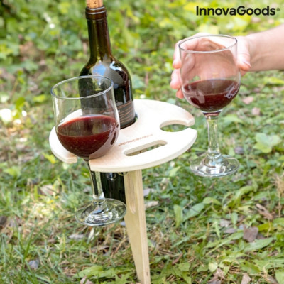 Suport sticla de vin si pahare pentru picnic Winnek InnovaGoods, 20x20x31 cm, lemn foto