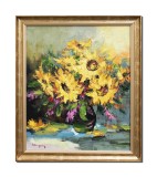 Cumpara ieftin Tablou vaza cu floarea soarelui pictat manual inramat, Beatitudine, 70x60cm ulei pe panza, Geo Ungureanu