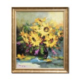 Tablou vaza cu floarea soarelui pictat manual inramat, Beatitudine, 70x60cm ulei pe panza, Geo Ungureanu