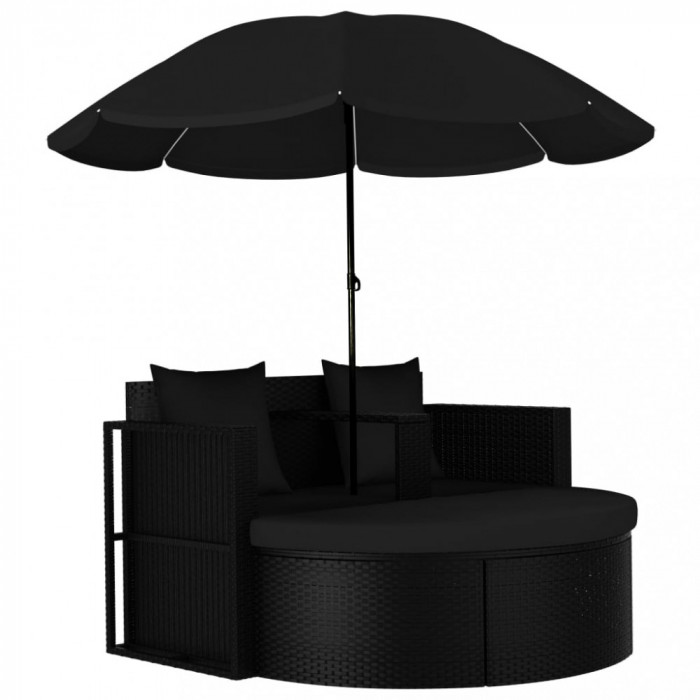 Pat de gradina cu umbrela de soare, negru, poliratan GartenMobel Dekor