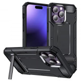 Cumpara ieftin Husa iPhone 15 Pro Antisoc Negru Hybrid Armor Kickstand