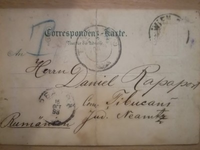 CP circulată Viena - Țibucani, Neamț, 1898, către Hern Daniel Rapaport, cu text foto