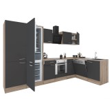 Mobilă de bucătărie de colț Yorki 340, corp din stejar sonoma, față antracit satinat, element cuptor inferior, dulap cu rafturi, frigider congelator i