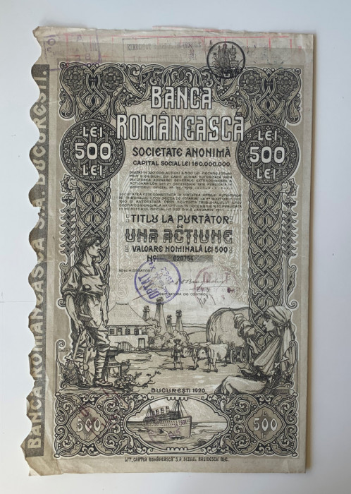 Banca Romaneasca - Titlu la purtator de una actiune - Bucuresti - 1920