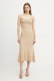 Bardot rochie culoarea bej, midi, mulată, 57998DB7