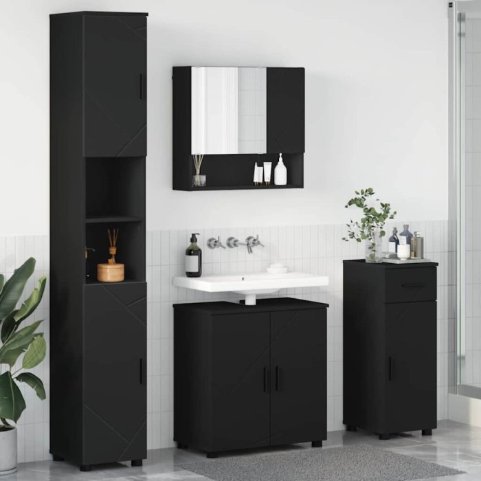vidaXL Set de mobilier pentru baie cu ușă 4 pcs Negru 61 x 35 x 64 cm 3392974