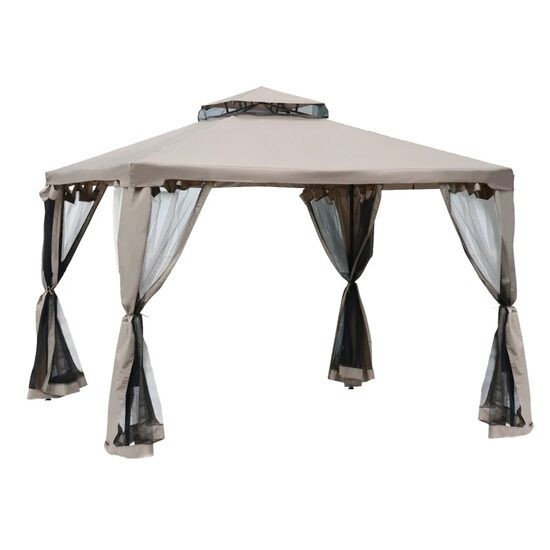 Pavilion/foisor pentru gradina/terasa, cadru metalic, cu perdele, cafeniu, 2.94x2.94x2.65 m GartenVIP DiyLine