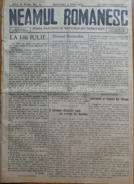 Ziarul Neamul romanesc , nr. 27 , 1915 , din perioada antisemita a lui N. Iorga