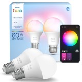 Bec inteligent LED RGB Philips Hue Essential, Wi-Fi, clasic, E27, 8 W, 806 lm, lumina calda / neutra / rece / multicolora, dimabil, set 2 bucati