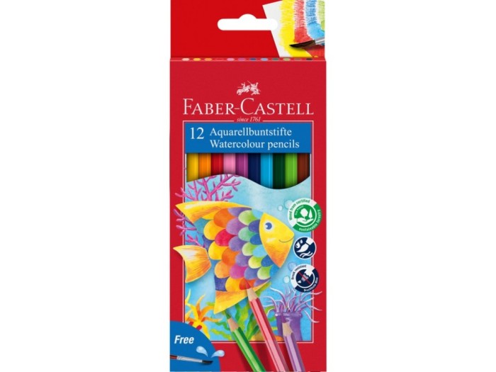 Creioane colorate hexagonale acuarela + pensula Faber-Castell 12 culori/set
