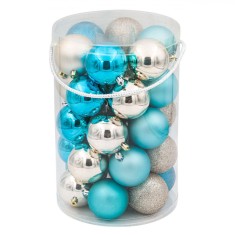 Set Globuri Crăciun, Model Bej Turcoaz, Finisaj Mat Strălucitor Glitter, 7cm, 30 Bucăți, Plastic