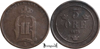 1875, 5 Ore - Oscar II ( small letters ) - Suedia foto