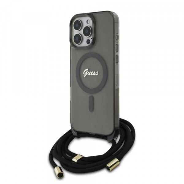 Husa MagSafe pentru Apple iPhone 16 Pro, Guess, IML Crossbody Cord Script, Neagra